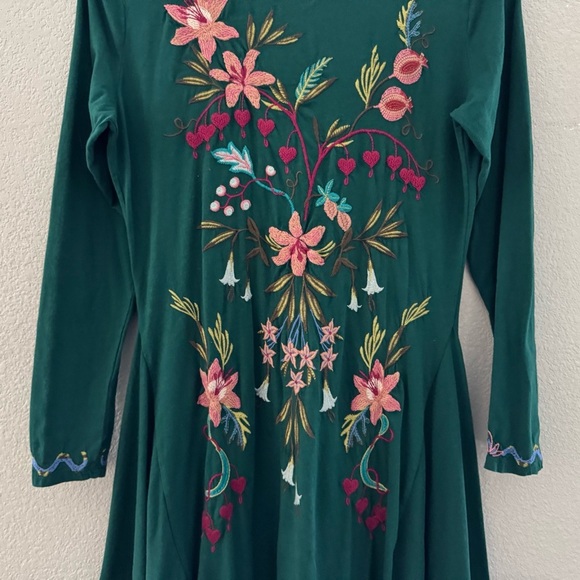 Johnny Was Amarylla Dress Small Emerald Green Cotton Embroidered Asymmetric Boho - Picture 9 of 14